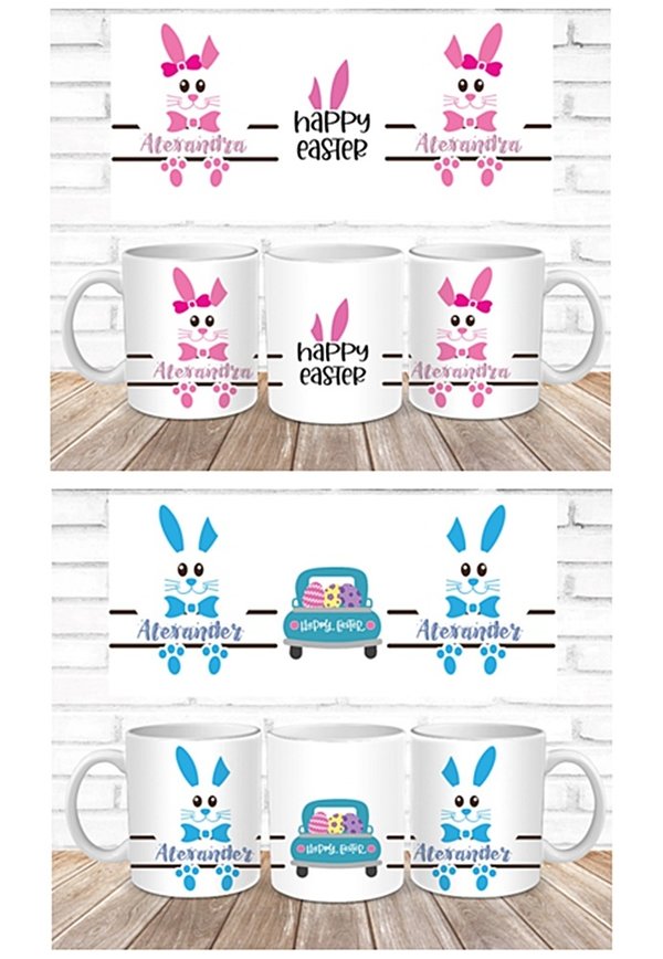 Tee Kaffee-Tasse 2 Motive Ostern Hase Rabbit Aquarell blau rosa PERSONALISIERT