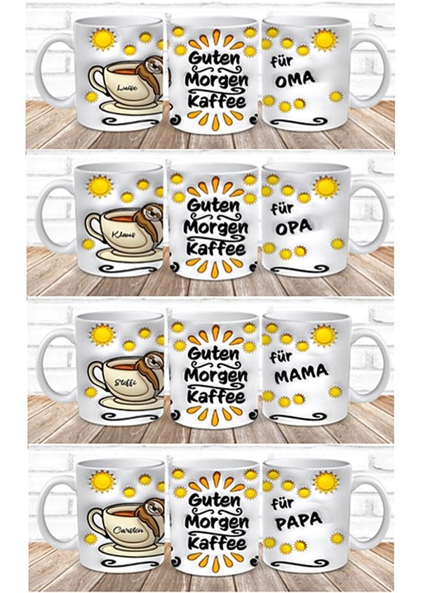 3D Tasse Guten Morgen Kaffee OMA OPA MAMA PAPA Faultier PERSONALISIERT